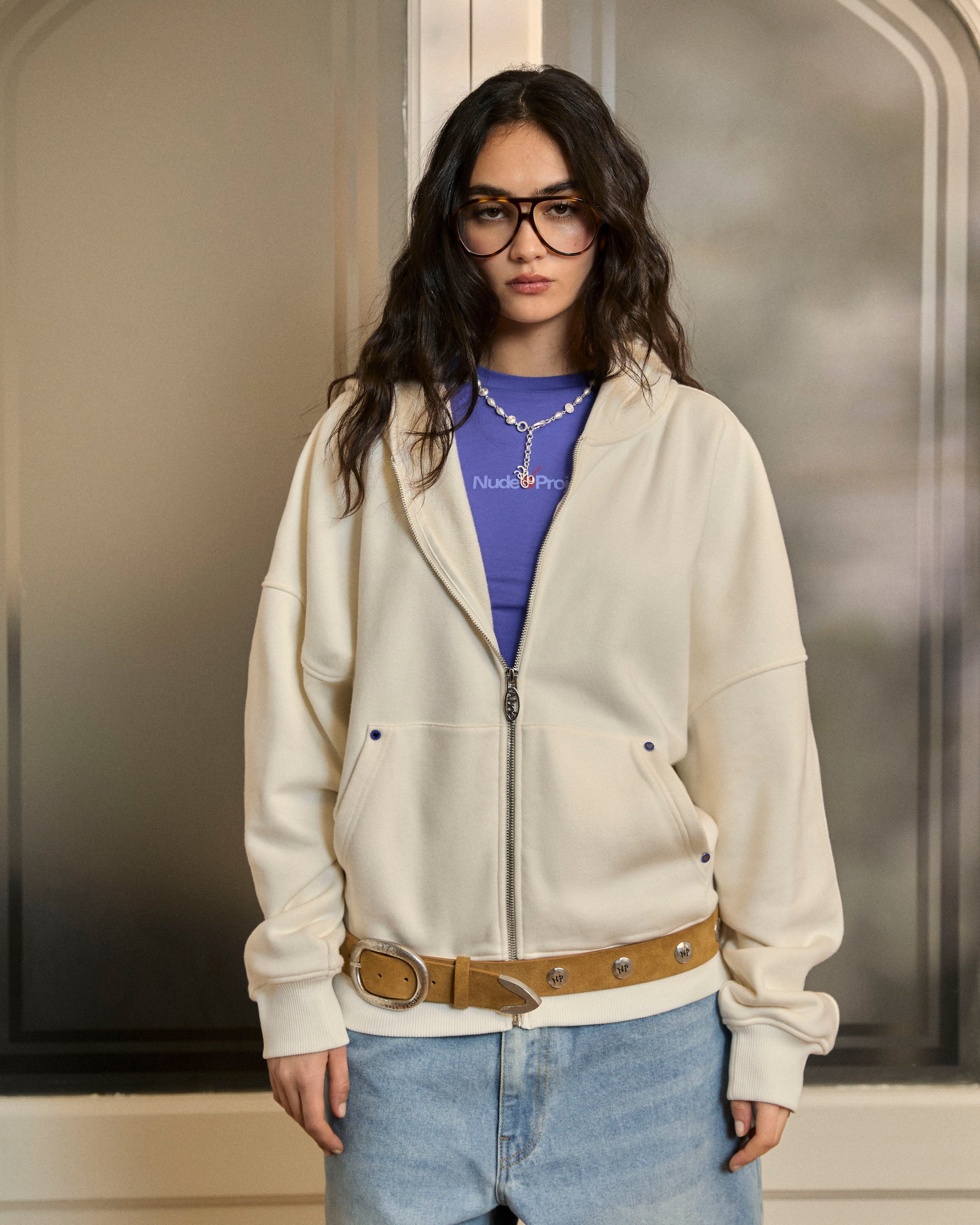 Sudadera Con Cremallera Blanco Crema