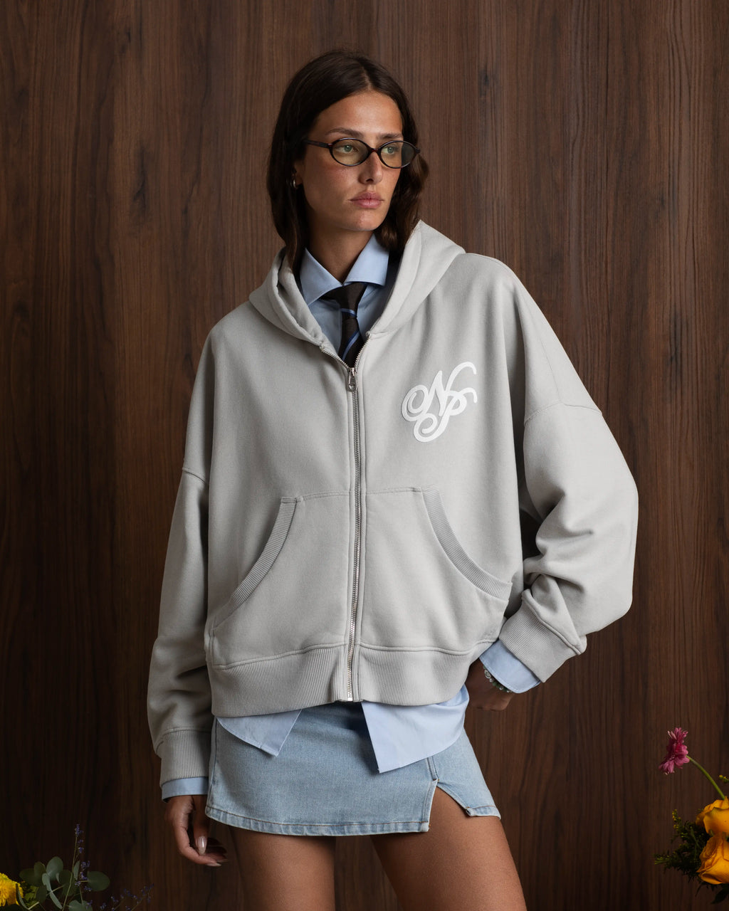 Puffy Zip-Up Boxy Hoodie Grey