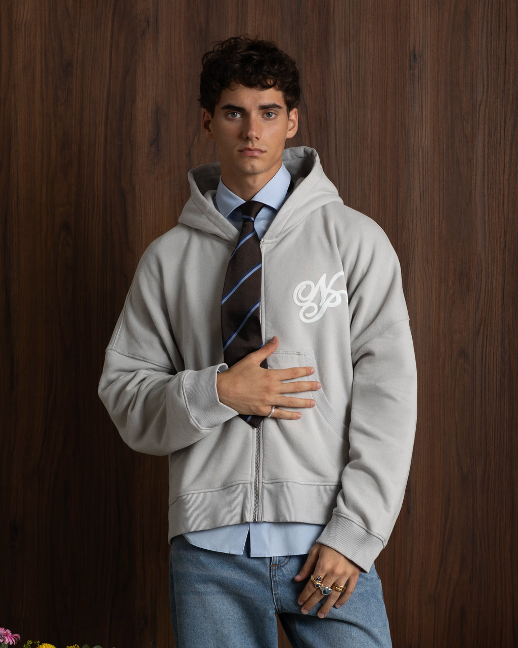 Puffy Zip-Up Boxy Hoodie Grey