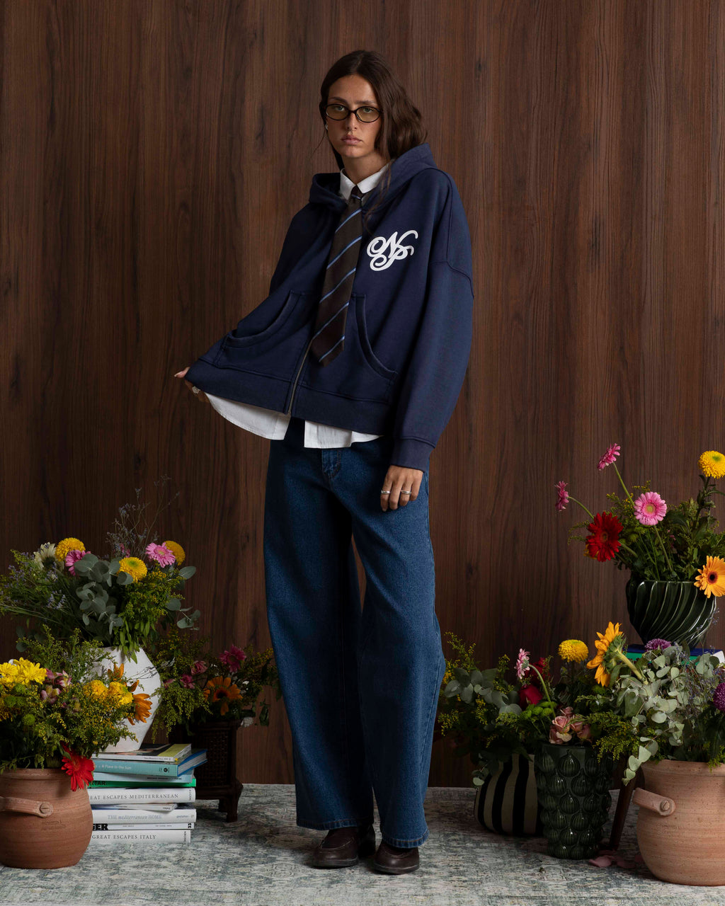 Puffy Zip-Up Boxy Hoodie Navy