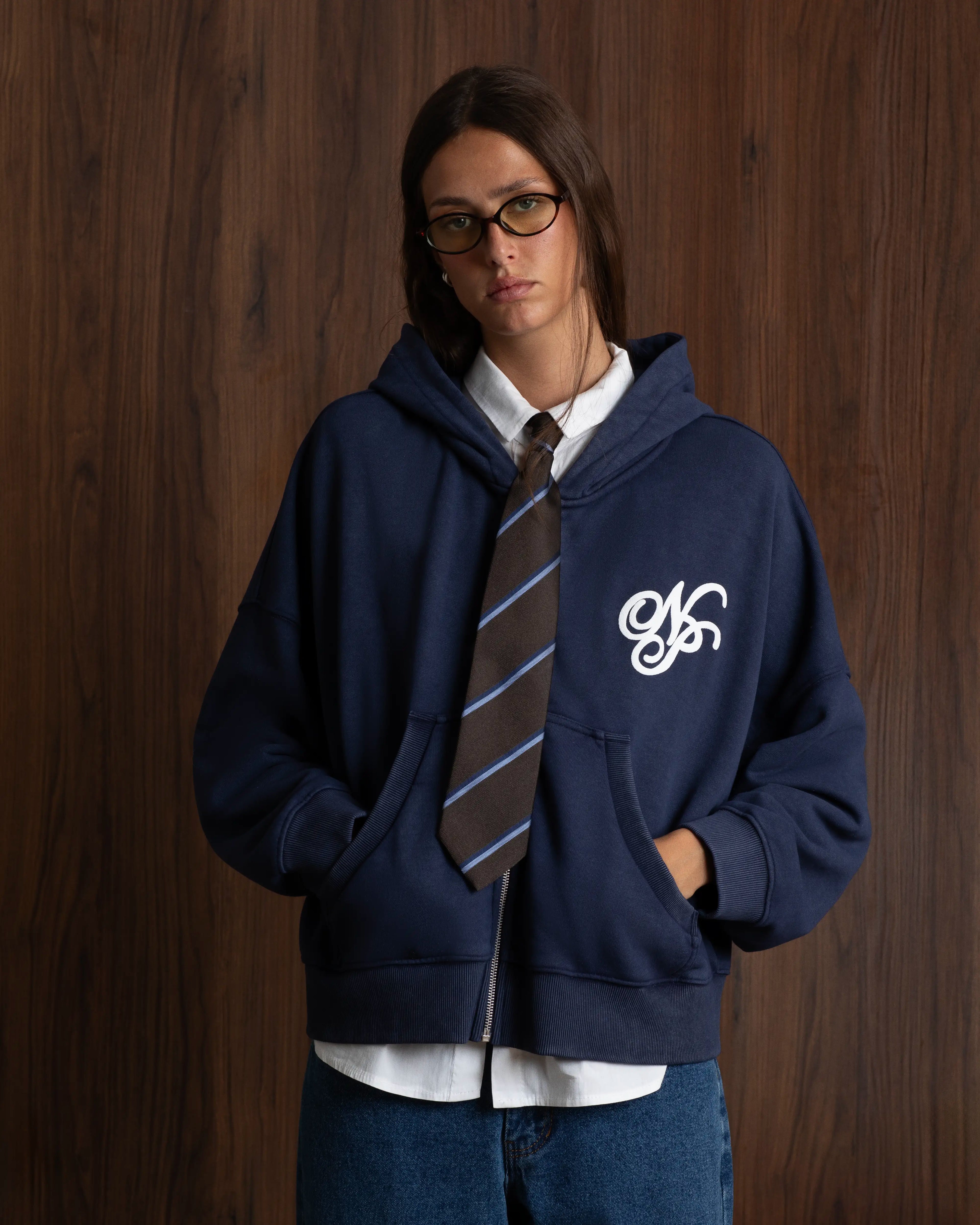 Puffy Zip-Up Boxy Hoodie Navy