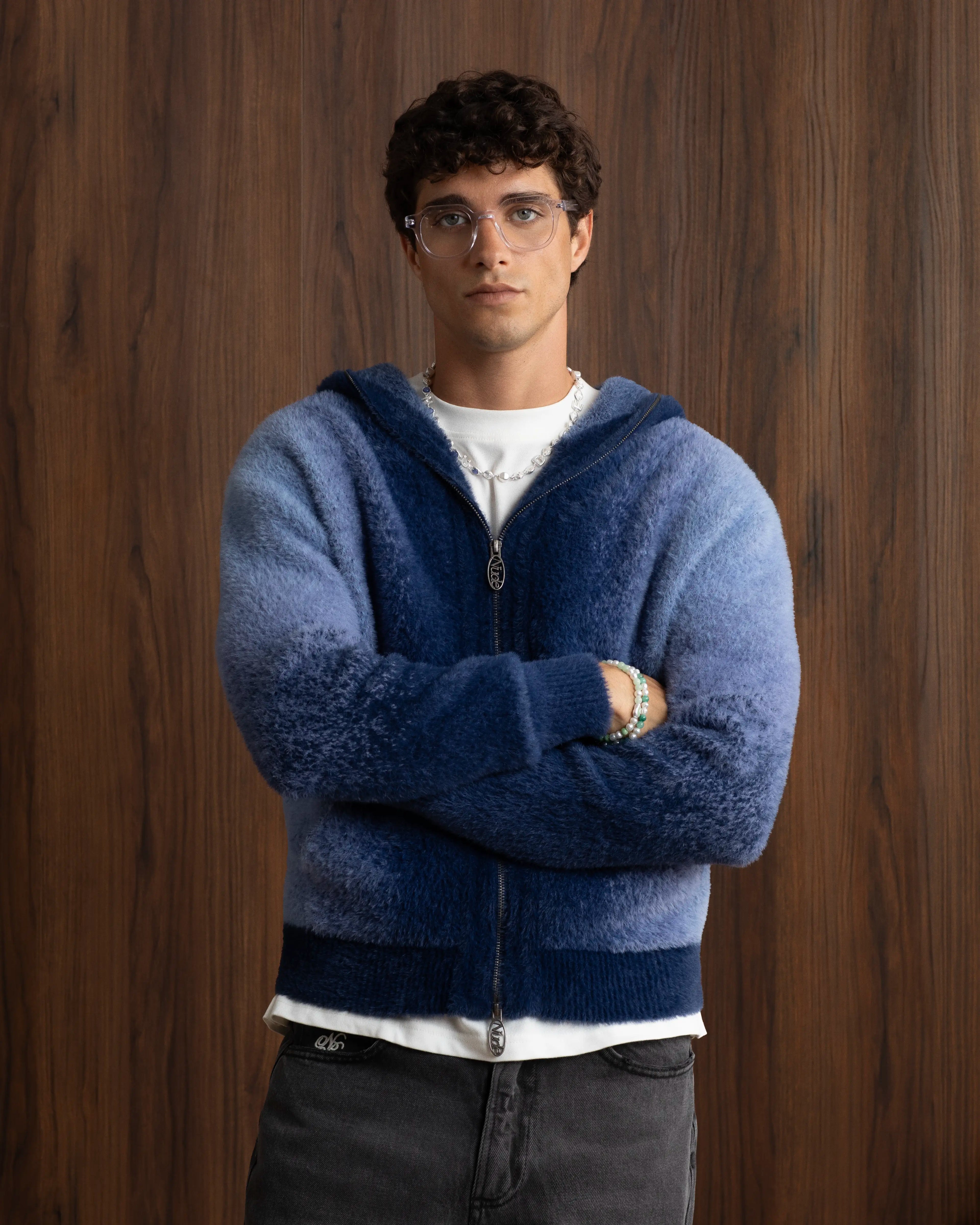 Gradient Knit Zip-Up Hoodie Blue