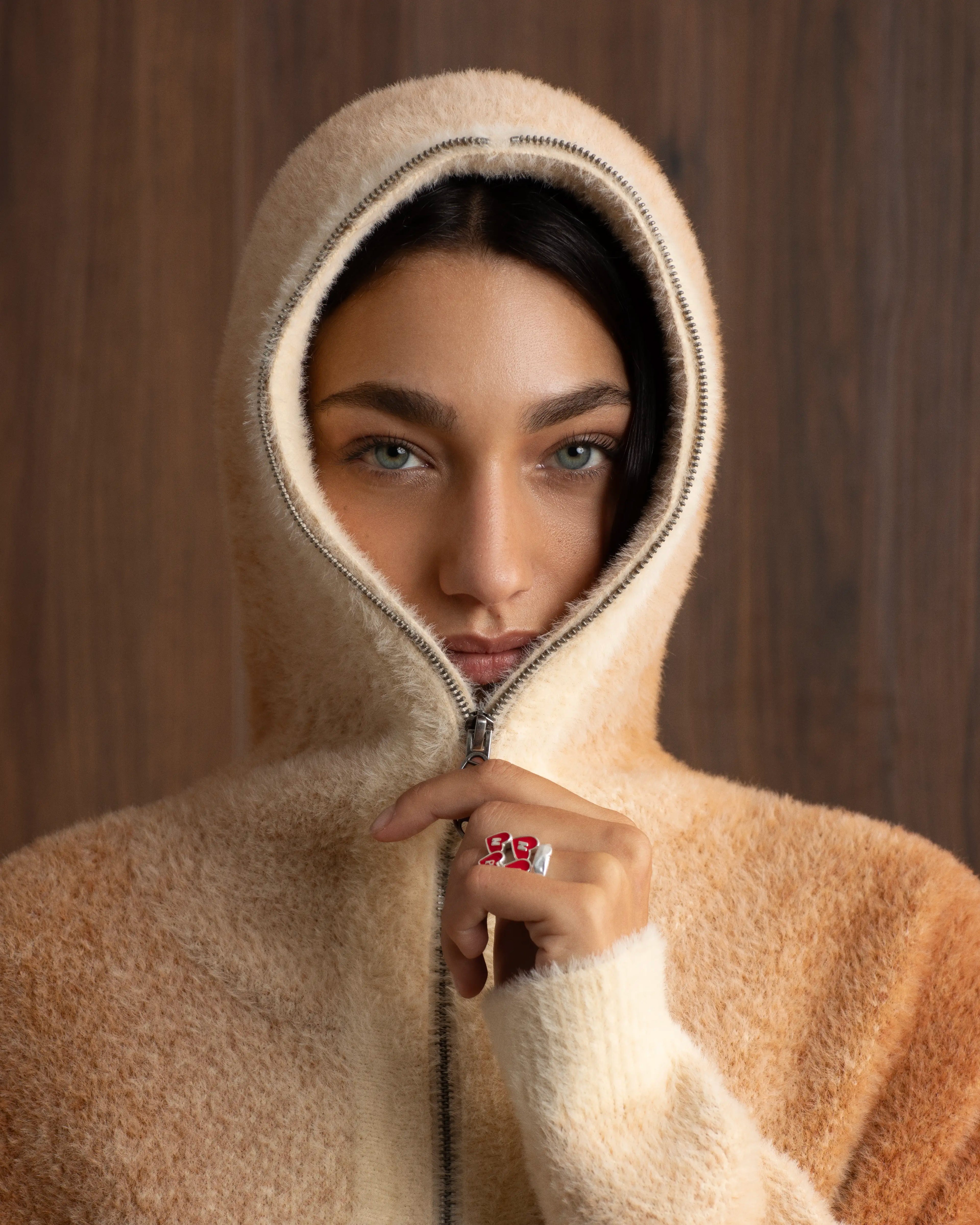 Gradient Knit Zip-Up Hoodie Brown