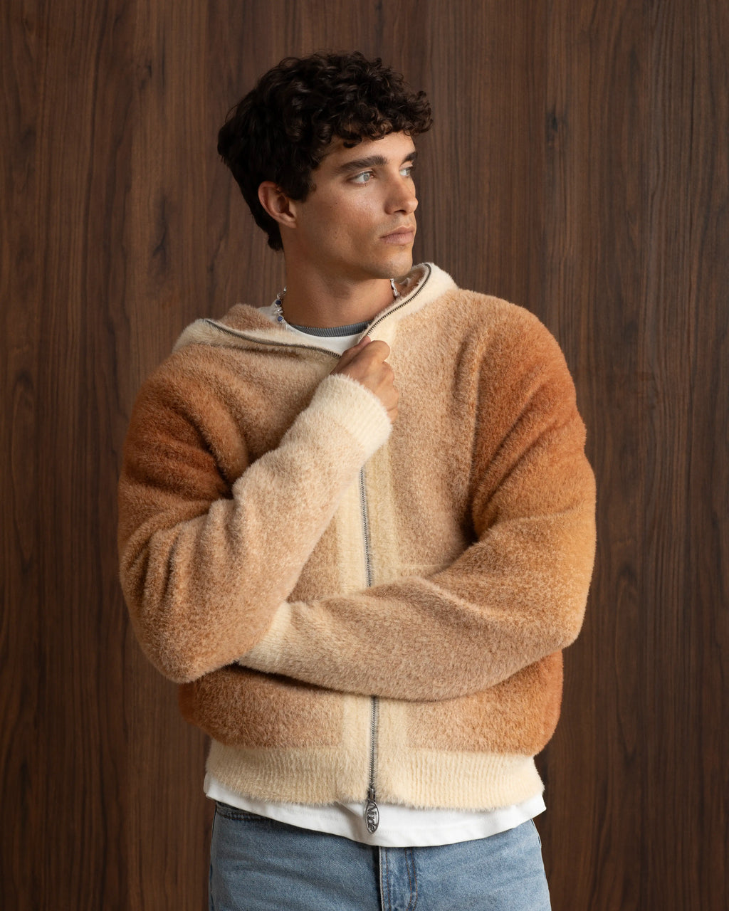Gradient Knit Zip-Up Hoodie Brown