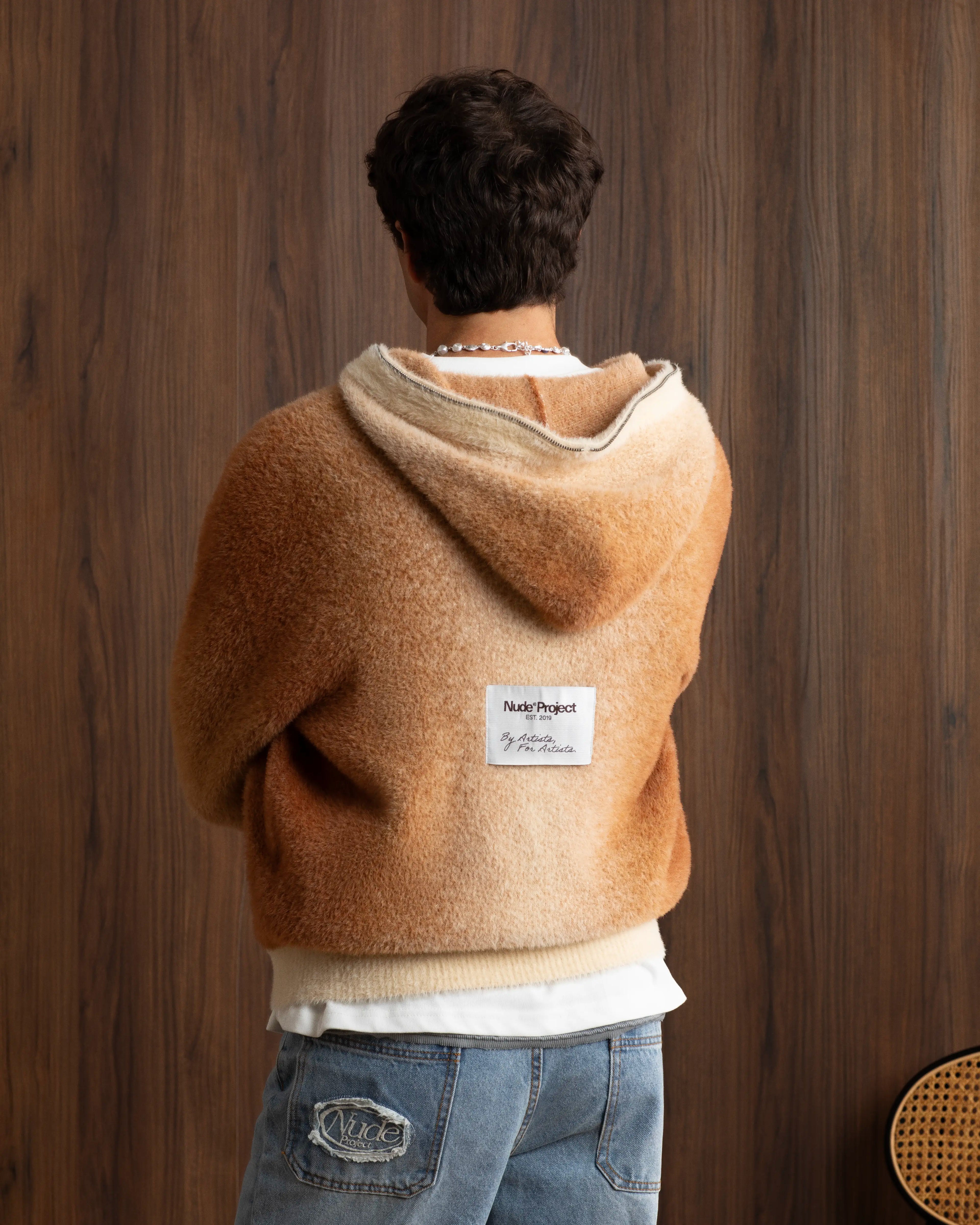 Gradient Knit Zip-Up Hoodie Brown