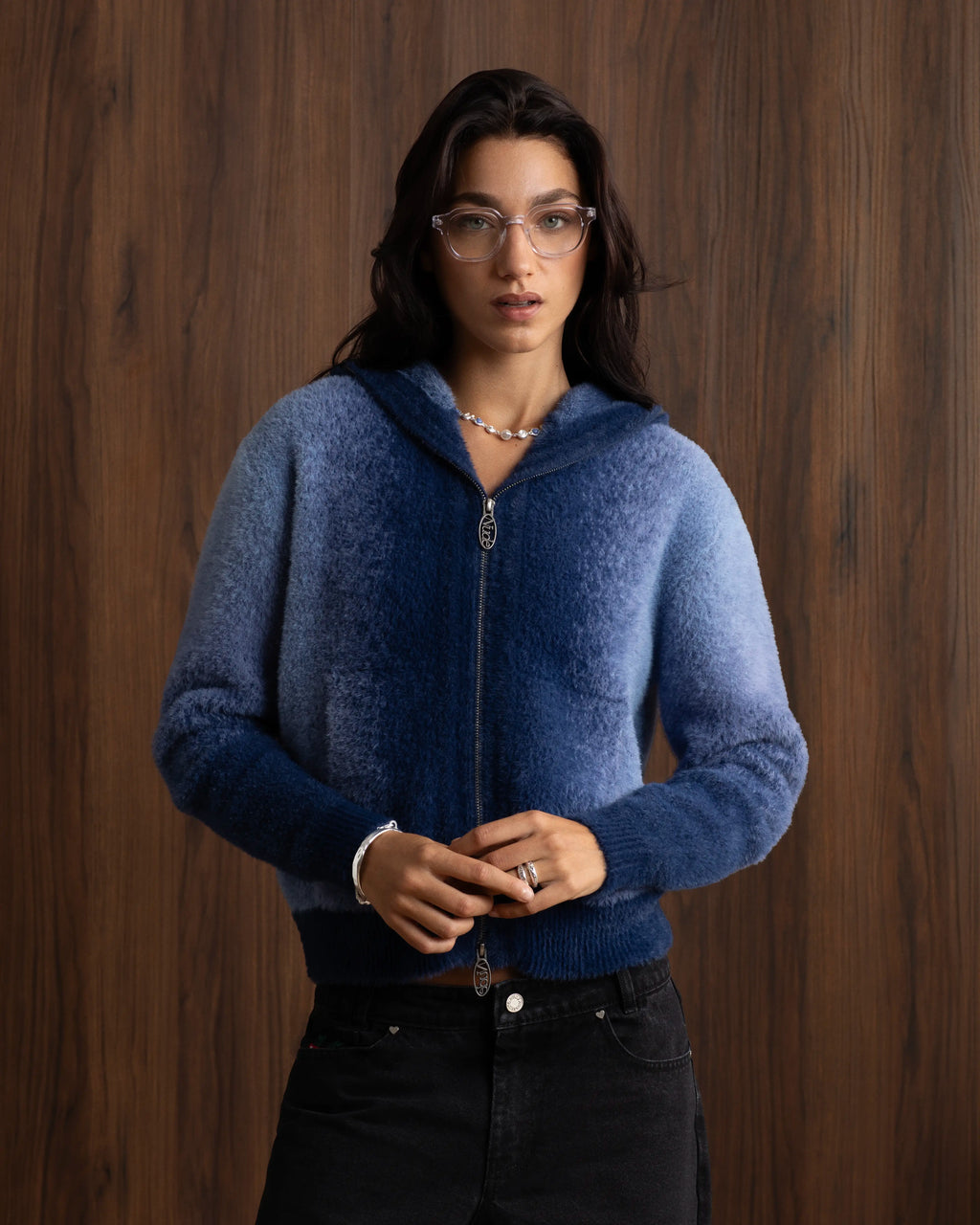 Gradient Knit Zip-Up Hoodie Blue